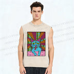 Unisex Weird Blue Cat With Eyes Printed Washed Tank Top