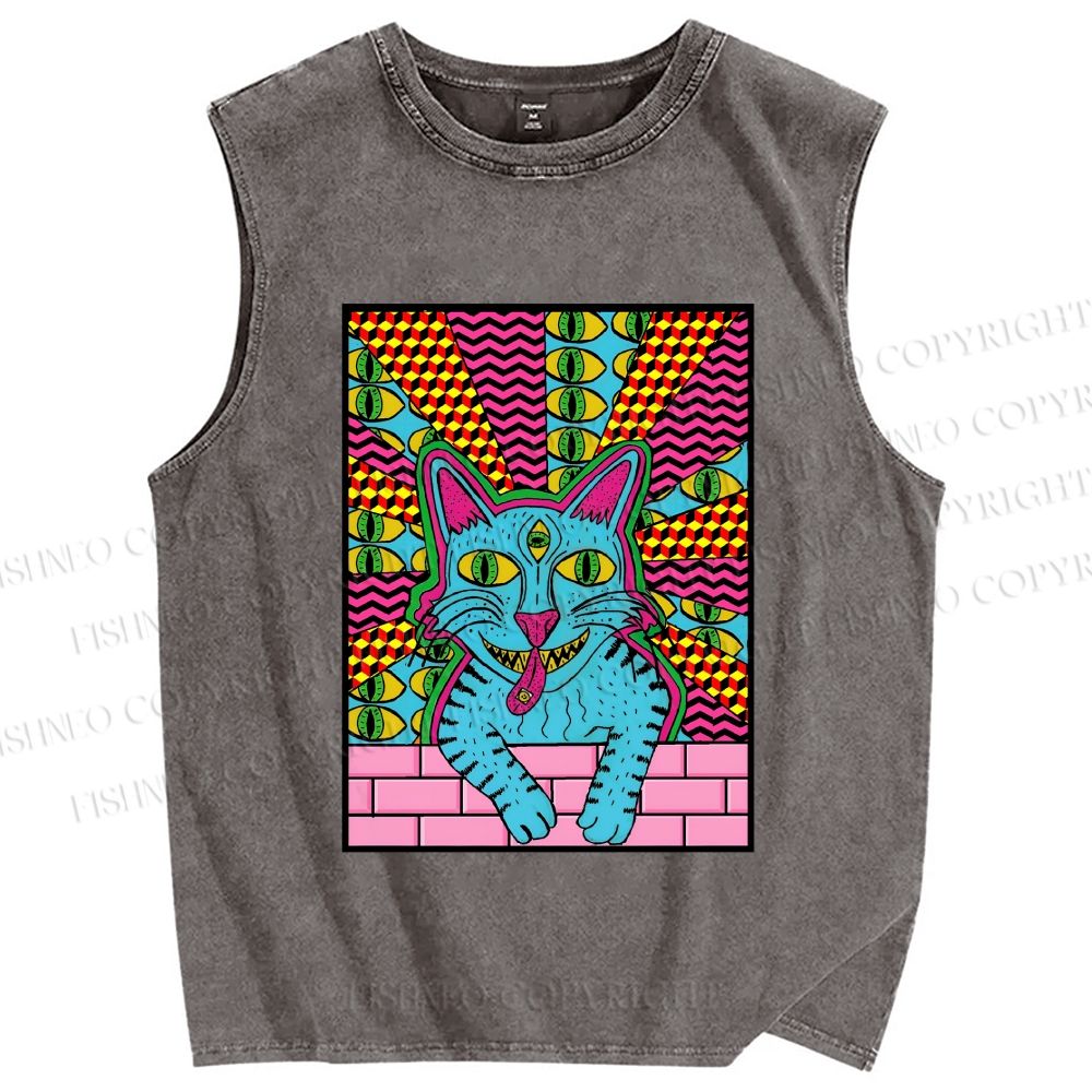 Unisex Weird Blue Cat With Eyes Printed Washed Tank Top