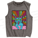 Unisex Weird Blue Cat With Eyes Printed Washed Tank Top