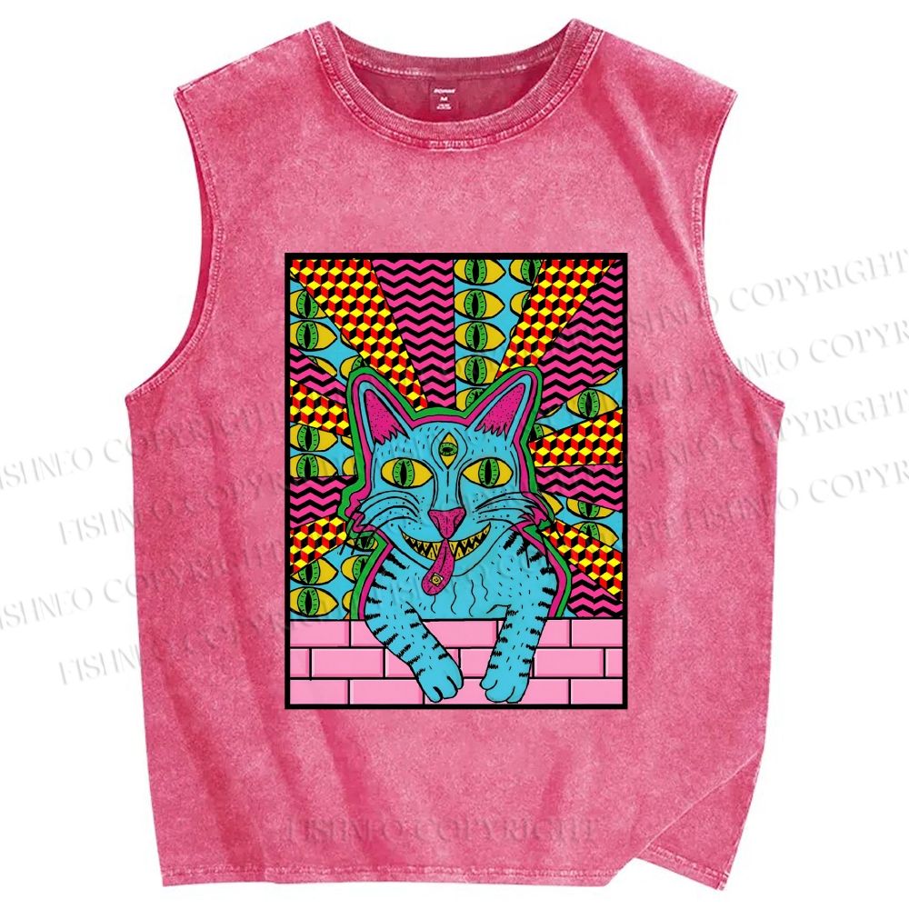 Unisex Weird Blue Cat With Eyes Printed Washed Tank Top