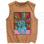 Unisex Weird Blue Cat With Eyes Printed Washed Tank Top