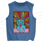 Unisex Weird Blue Cat With Eyes Printed Washed Tank Top