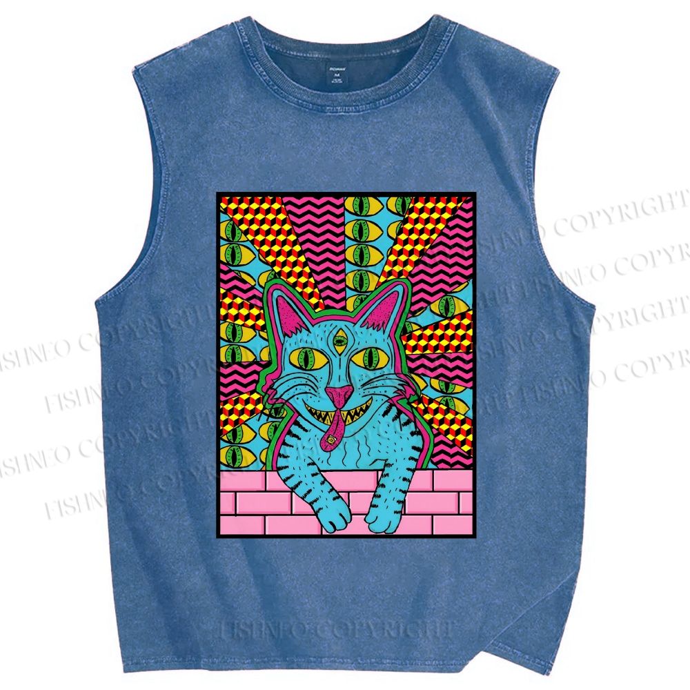 Unisex Weird Blue Cat With Eyes Printed Washed Tank Top