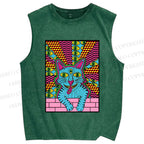 Unisex Weird Blue Cat With Eyes Printed Washed Tank Top