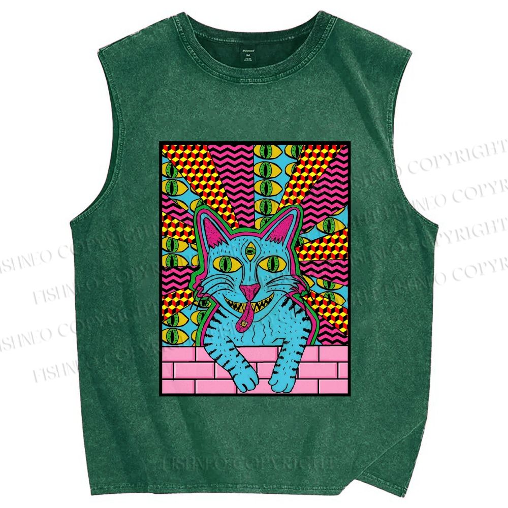 Unisex Weird Blue Cat With Eyes Printed Washed Tank Top