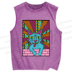 Unisex Weird Blue Cat With Eyes Printed Washed Tank Top