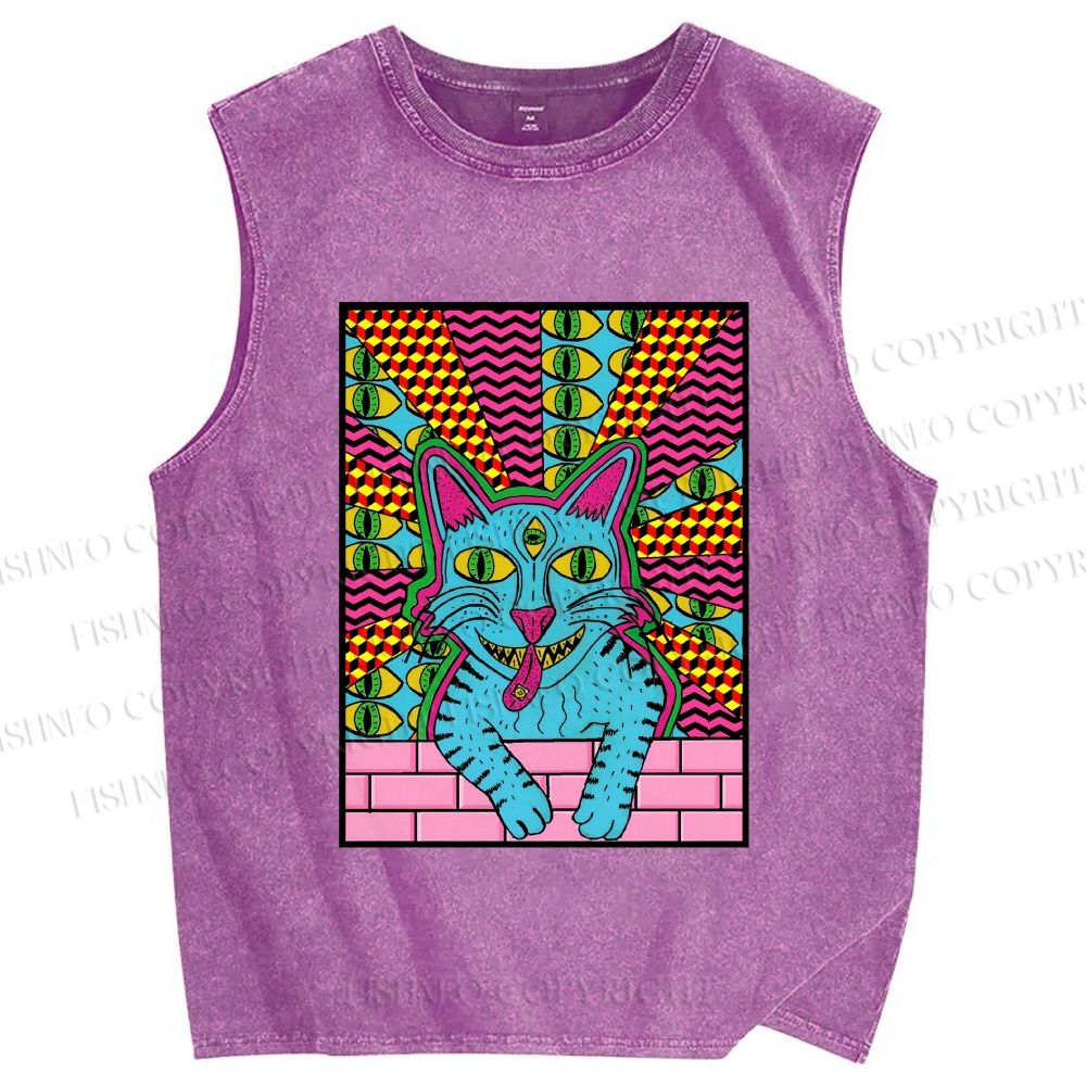 Unisex Weird Blue Cat With Eyes Printed Washed Tank Top