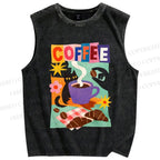 Unisex Black Cat Having Brunch Coffee Printed Washed Tank Top