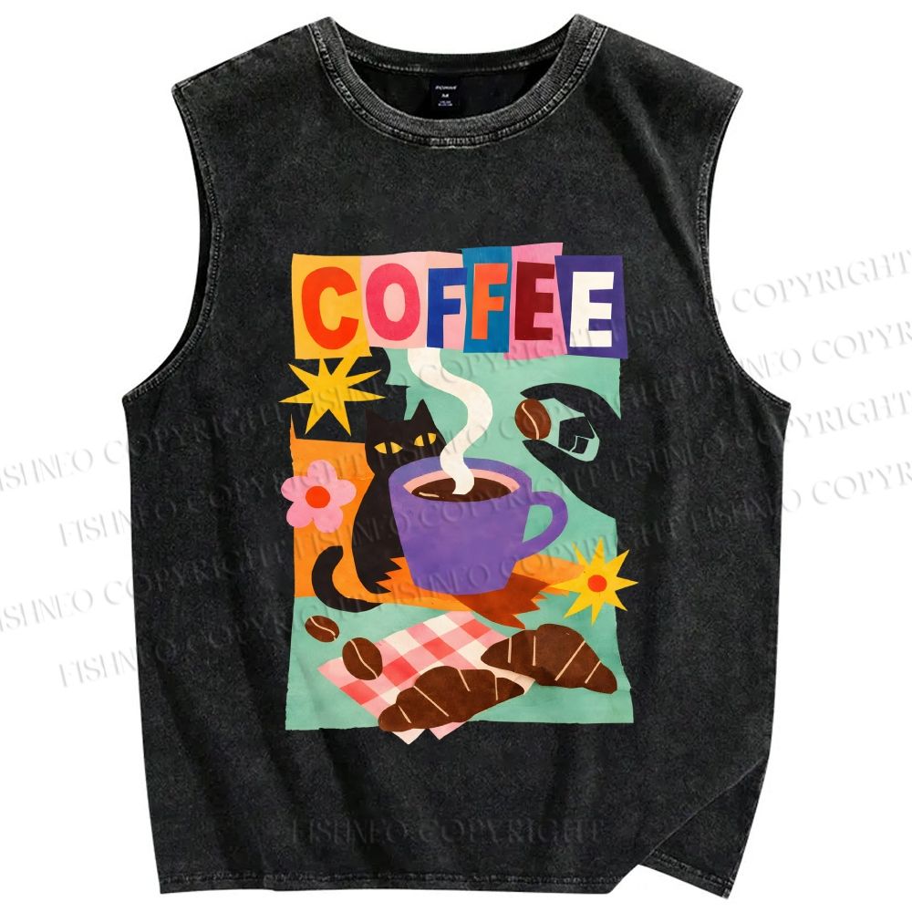 Unisex Black Cat Having Brunch Coffee Printed Washed Tank Top