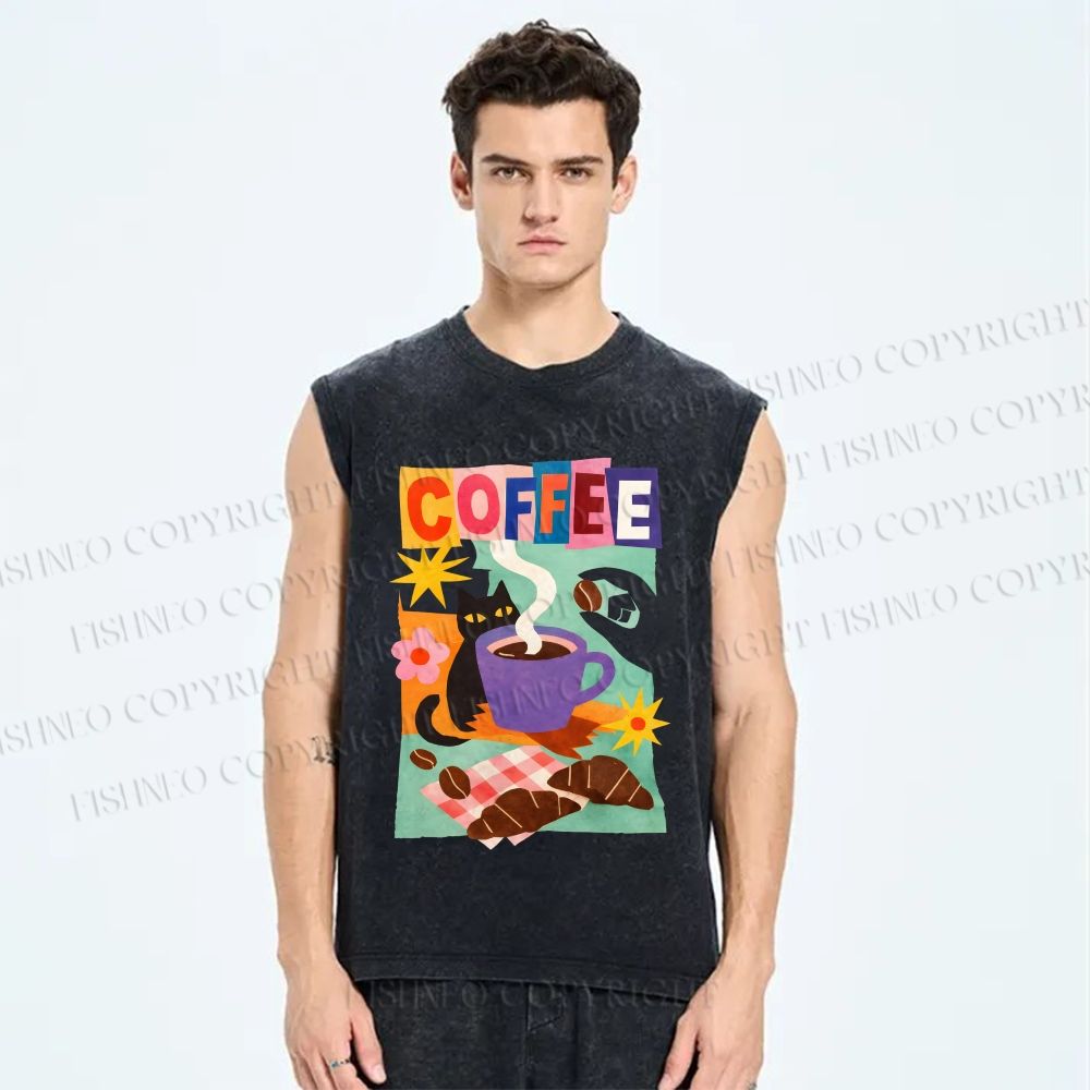 Unisex Black Cat Having Brunch Coffee Printed Washed Tank Top