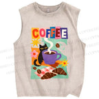 Unisex Black Cat Having Brunch Coffee Printed Washed Tank Top