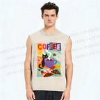 Unisex Black Cat Having Brunch Coffee Printed Washed Tank Top