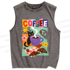 Unisex Black Cat Having Brunch Coffee Printed Washed Tank Top