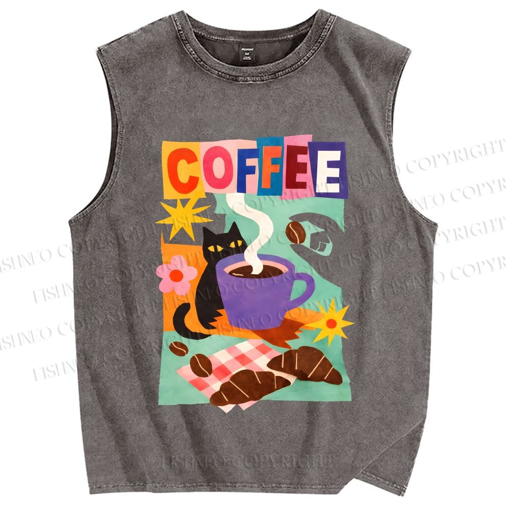 Unisex Black Cat Having Brunch Coffee Printed Washed Tank Top