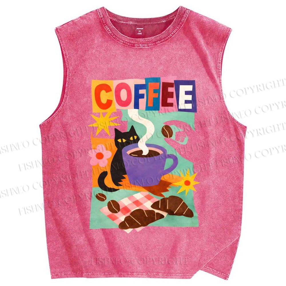 Unisex Black Cat Having Brunch Coffee Printed Washed Tank Top