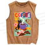 Unisex Black Cat Having Brunch Coffee Printed Washed Tank Top