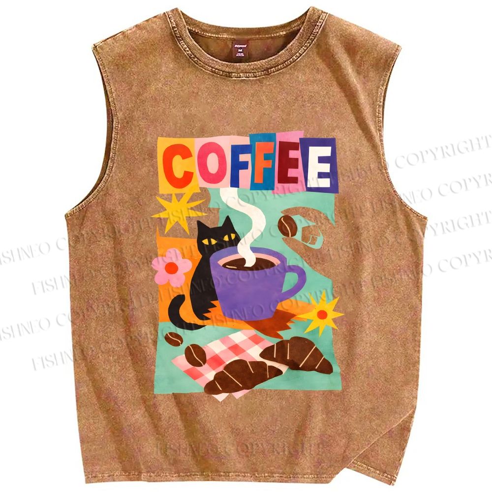 Unisex Black Cat Having Brunch Coffee Printed Washed Tank Top