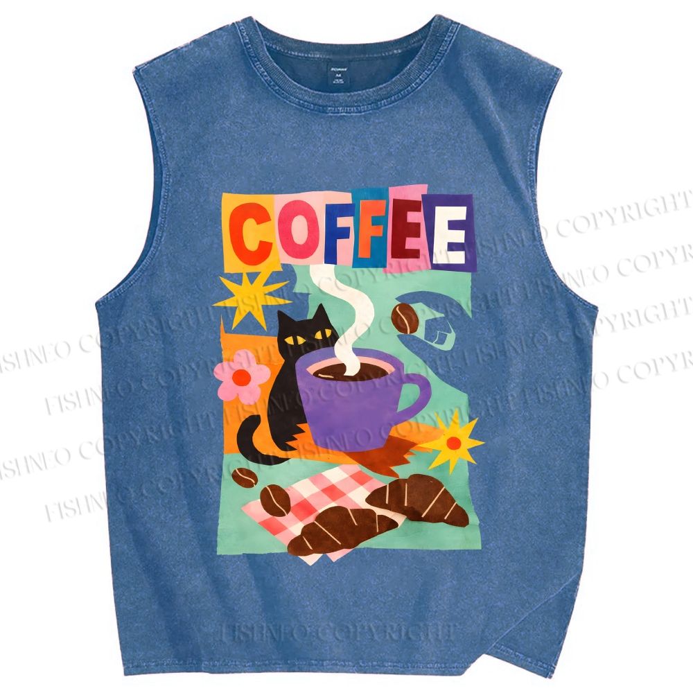 Unisex Black Cat Having Brunch Coffee Printed Washed Tank Top
