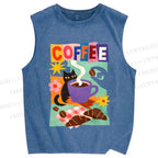 Unisex Black Cat Having Brunch Coffee Printed Washed Tank Top