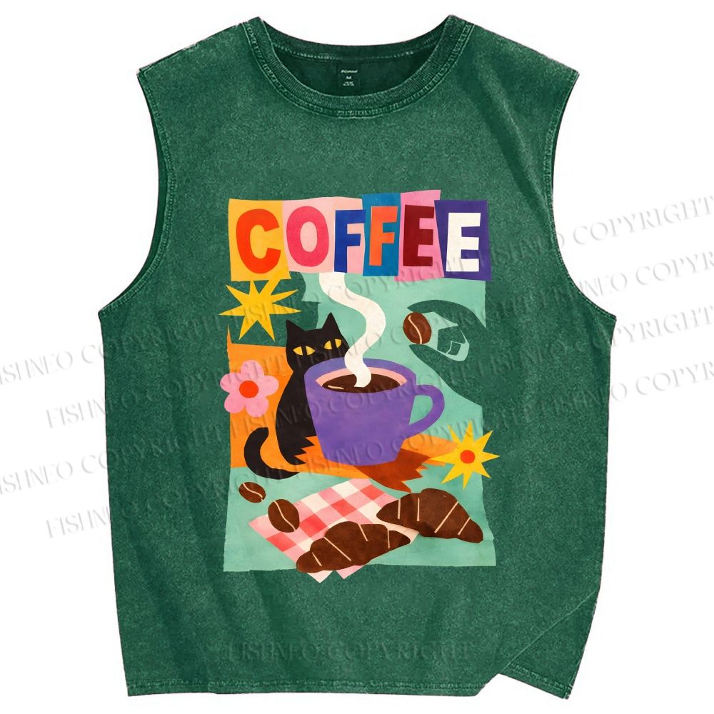 Unisex Black Cat Having Brunch Coffee Printed Washed Tank Top