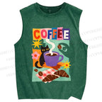 Unisex Black Cat Having Brunch Coffee Printed Washed Tank Top