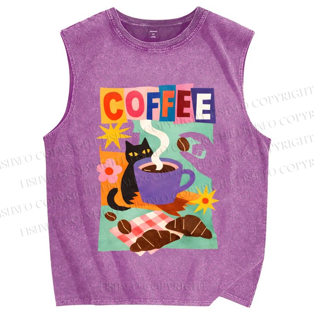 Unisex Black Cat Having Brunch Coffee Printed Washed Tank Top