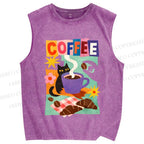 Unisex Black Cat Having Brunch Coffee Printed Washed Tank Top