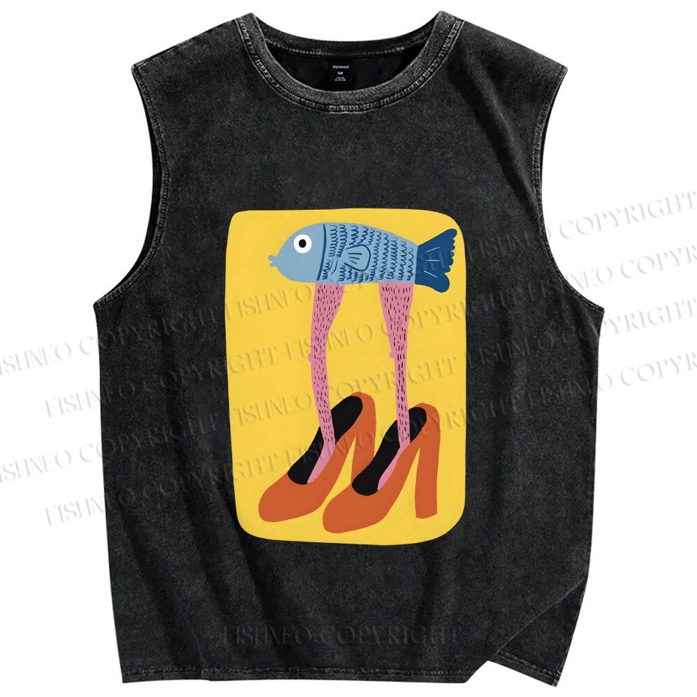 Unisex Funny Fish in High Heels Printed Washed Tank Top