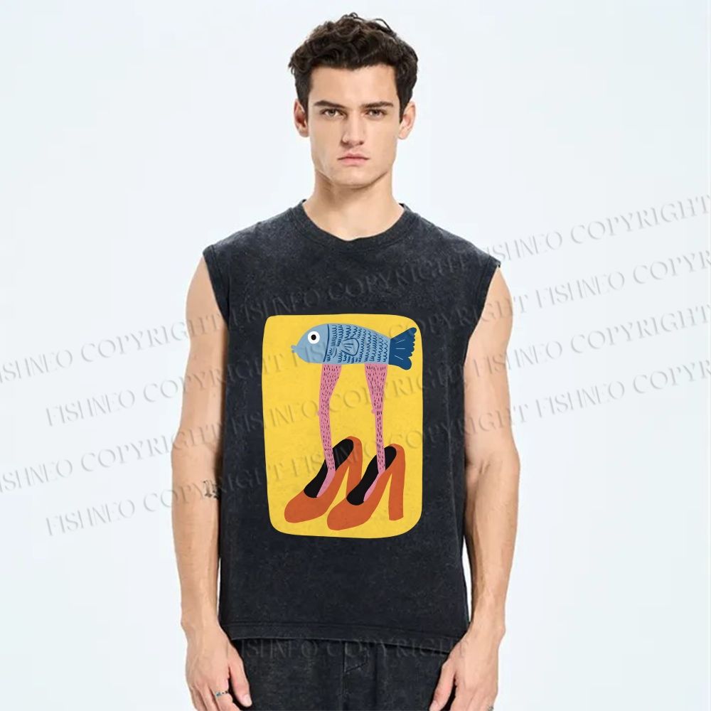 Unisex Funny Fish in High Heels Printed Washed Tank Top