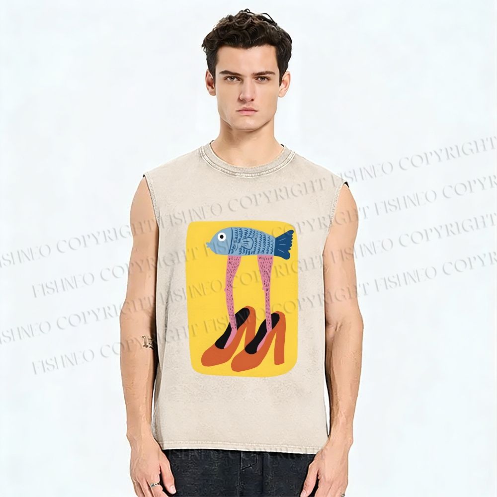 Unisex Funny Fish in High Heels Printed Washed Tank Top