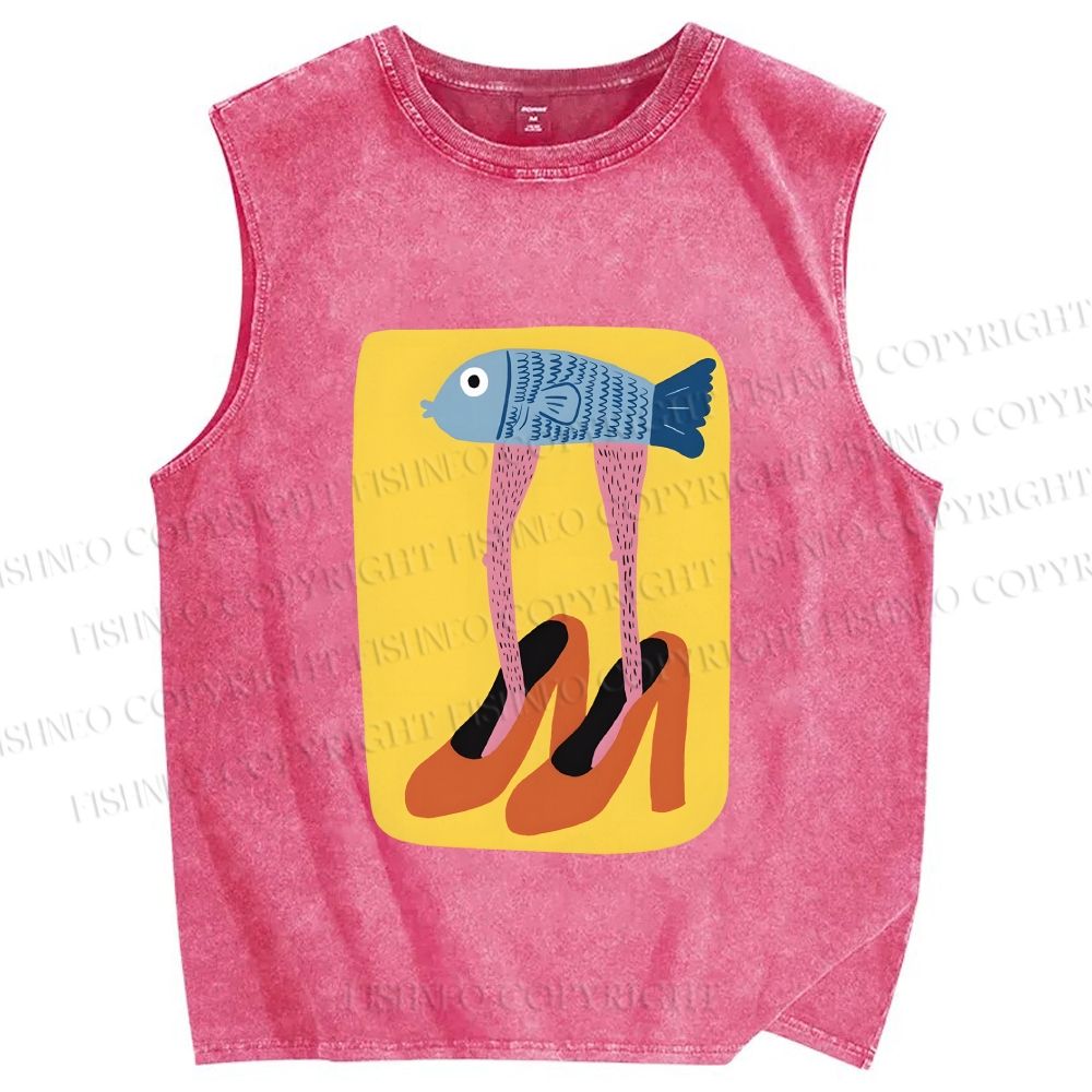 Unisex Funny Fish in High Heels Printed Washed Tank Top