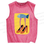 Unisex Funny Fish in High Heels Printed Washed Tank Top