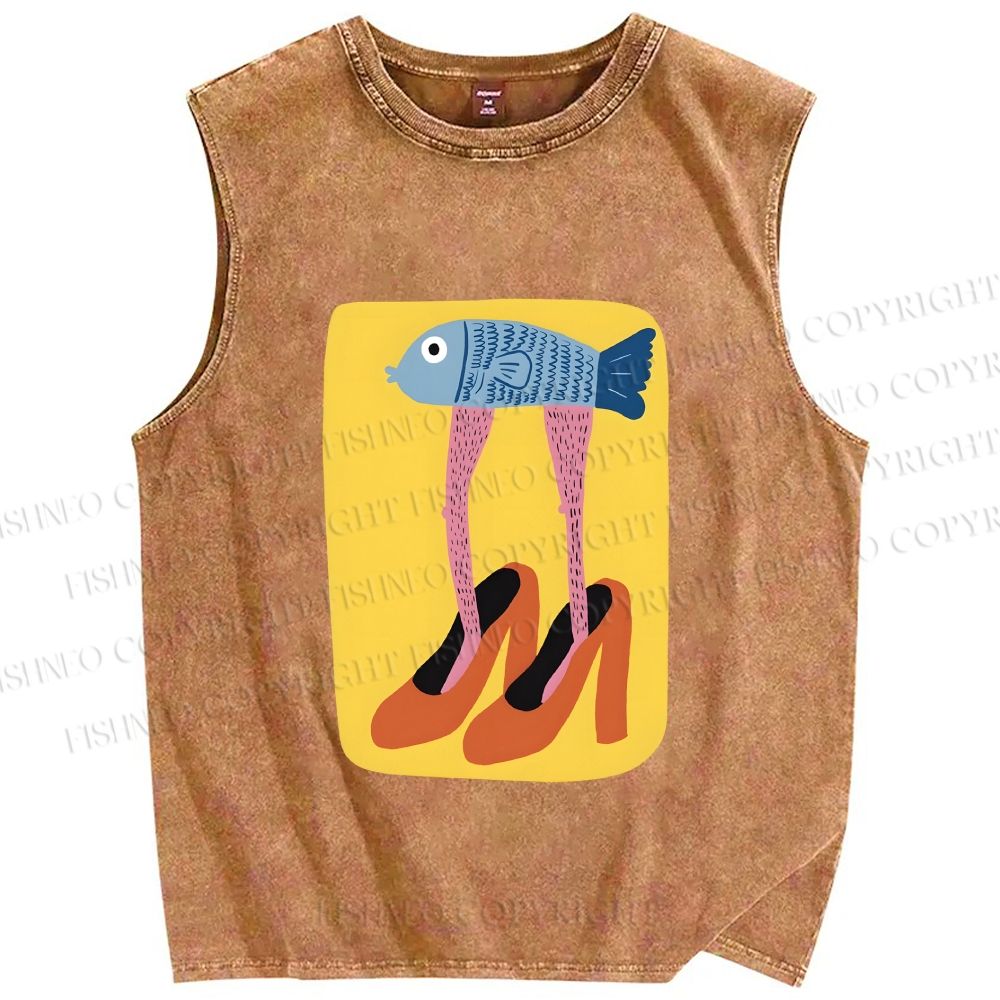 Unisex Funny Fish in High Heels Printed Washed Tank Top