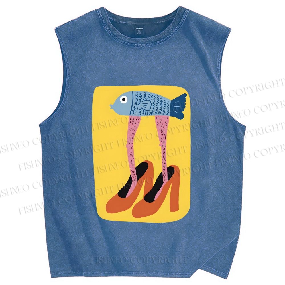 Unisex Funny Fish in High Heels Printed Washed Tank Top