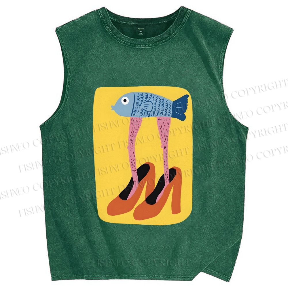 Unisex Funny Fish in High Heels Printed Washed Tank Top