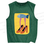 Unisex Funny Fish in High Heels Printed Washed Tank Top