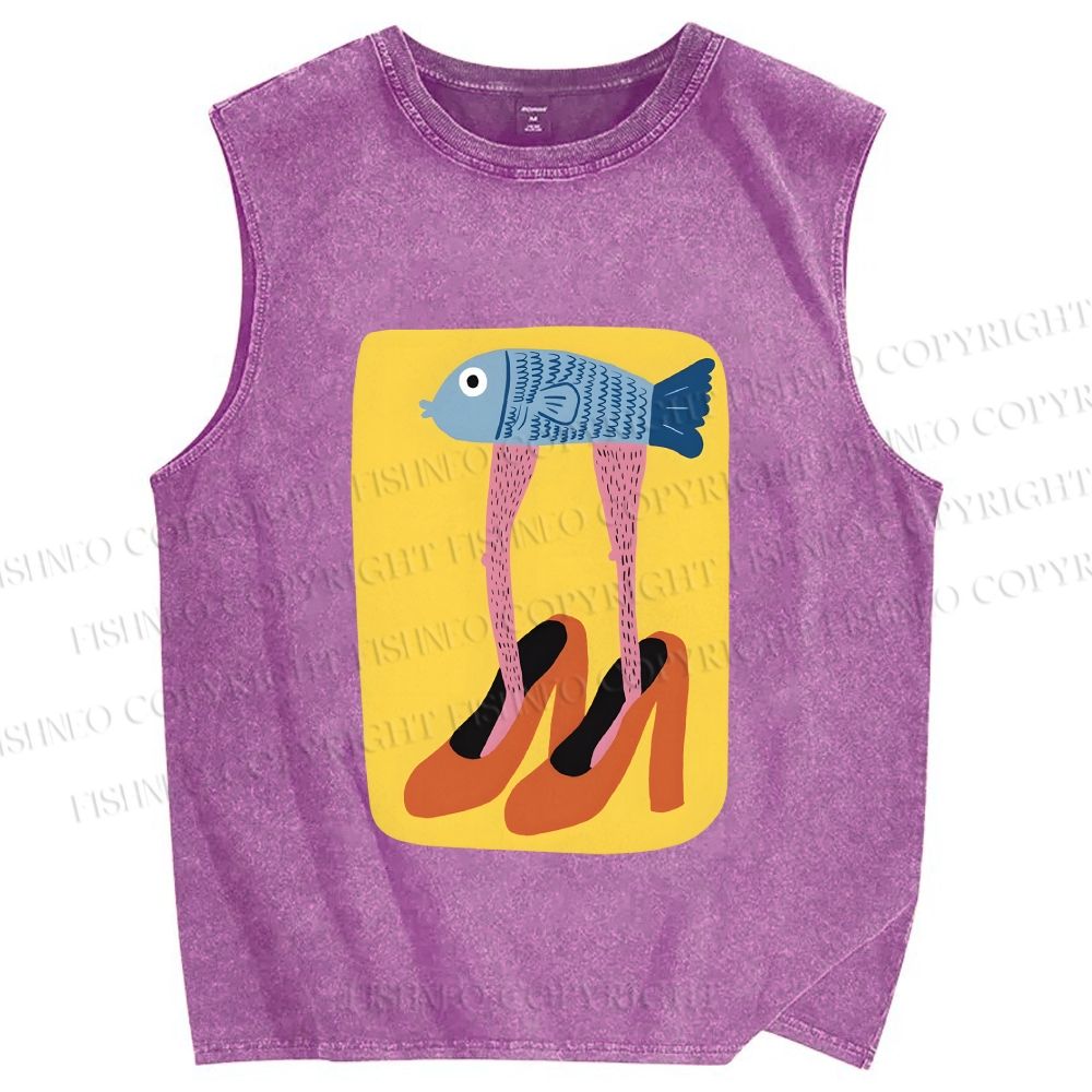 Unisex Funny Fish in High Heels Printed Washed Tank Top