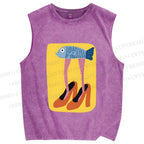Unisex Funny Fish in High Heels Printed Washed Tank Top