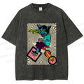 Unisex Funny Cat Riding a Bike Printed Washed Tee
