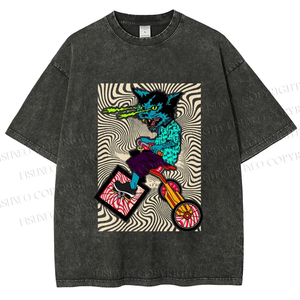 Unisex Funny Cat Riding a Bike Printed Washed Tee