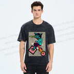Unisex Funny Cat Riding a Bike Printed Washed Tee