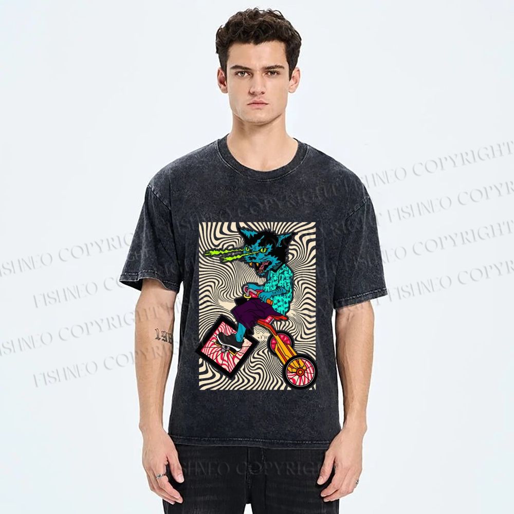 Unisex Funny Cat Riding a Bike Printed Washed Tee