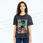Unisex Funny Cat Riding a Bike Printed Washed Tee