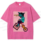 Unisex Funny Cat Riding a Bike Printed Washed Tee
