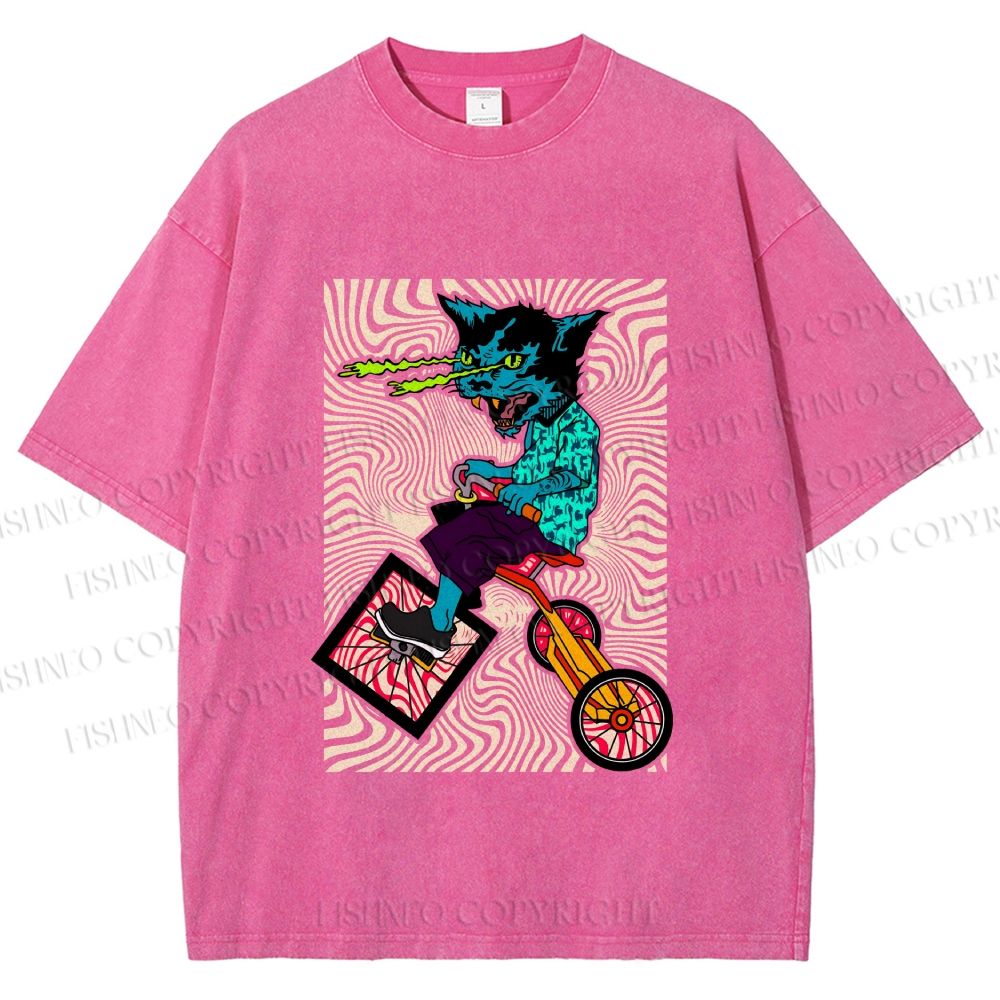 Unisex Funny Cat Riding a Bike Printed Washed Tee