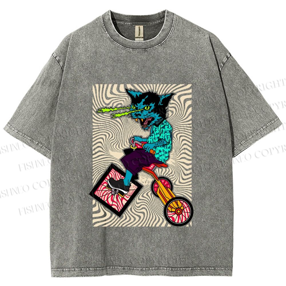 Unisex Funny Cat Riding a Bike Printed Washed Tee