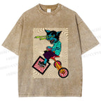 Unisex Funny Cat Riding a Bike Printed Washed Tee