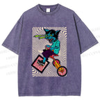Unisex Funny Cat Riding a Bike Printed Washed Tee