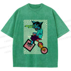 Unisex Funny Cat Riding a Bike Printed Washed Tee