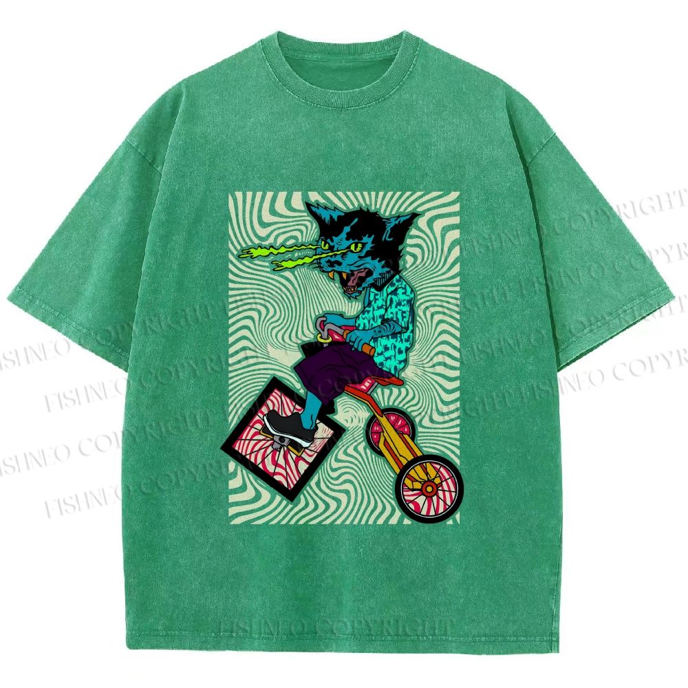 Unisex Funny Cat Riding a Bike Printed Washed Tee